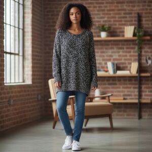 Jennifer Lopez Black, White, And Sikver Glitter Crew Neck Sweater